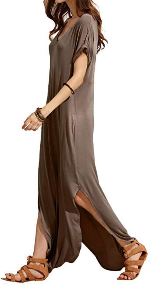 Match Women's V-Neck Casual Loose Short Sleeve Long T-Shirt Dress Split Maxi Dress with Side Pocket