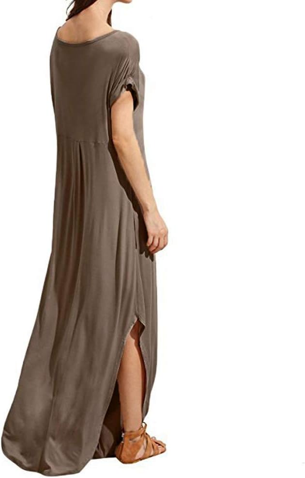 Match Women's V-Neck Casual Loose Short Sleeve Long T-Shirt Dress Split Maxi Dress with Side Pocket