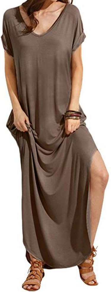 Match Women's V-Neck Casual Loose Short Sleeve Long T-Shirt Dress Split Maxi Dress with Side Pocket