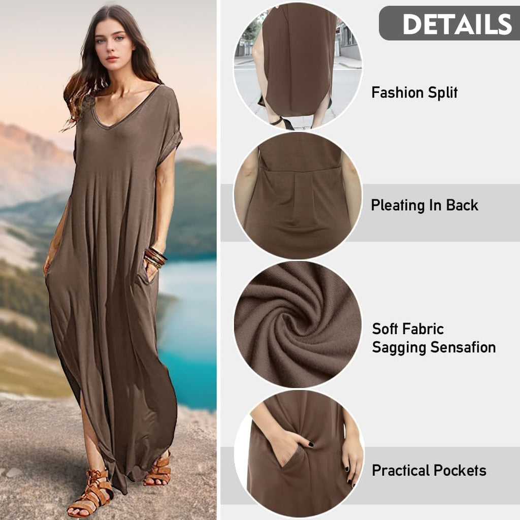 Match Women's V-Neck Casual Loose Short Sleeve Long T-Shirt Dress Split Maxi Dress with Side Pocket
