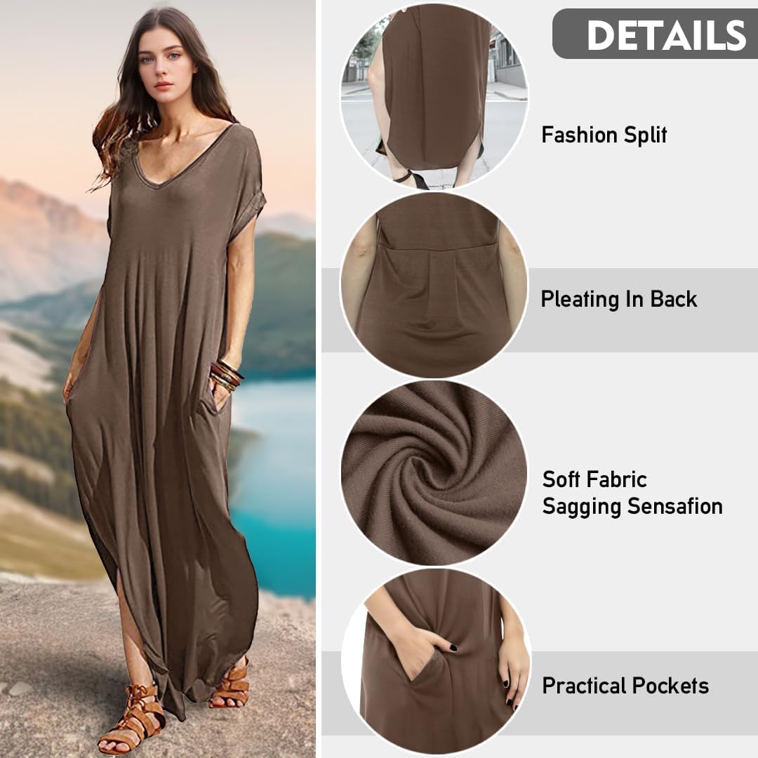 Match Women's V-Neck Casual Loose Short Sleeve Long T-Shirt Dress Split Maxi Dress with Side Pocket